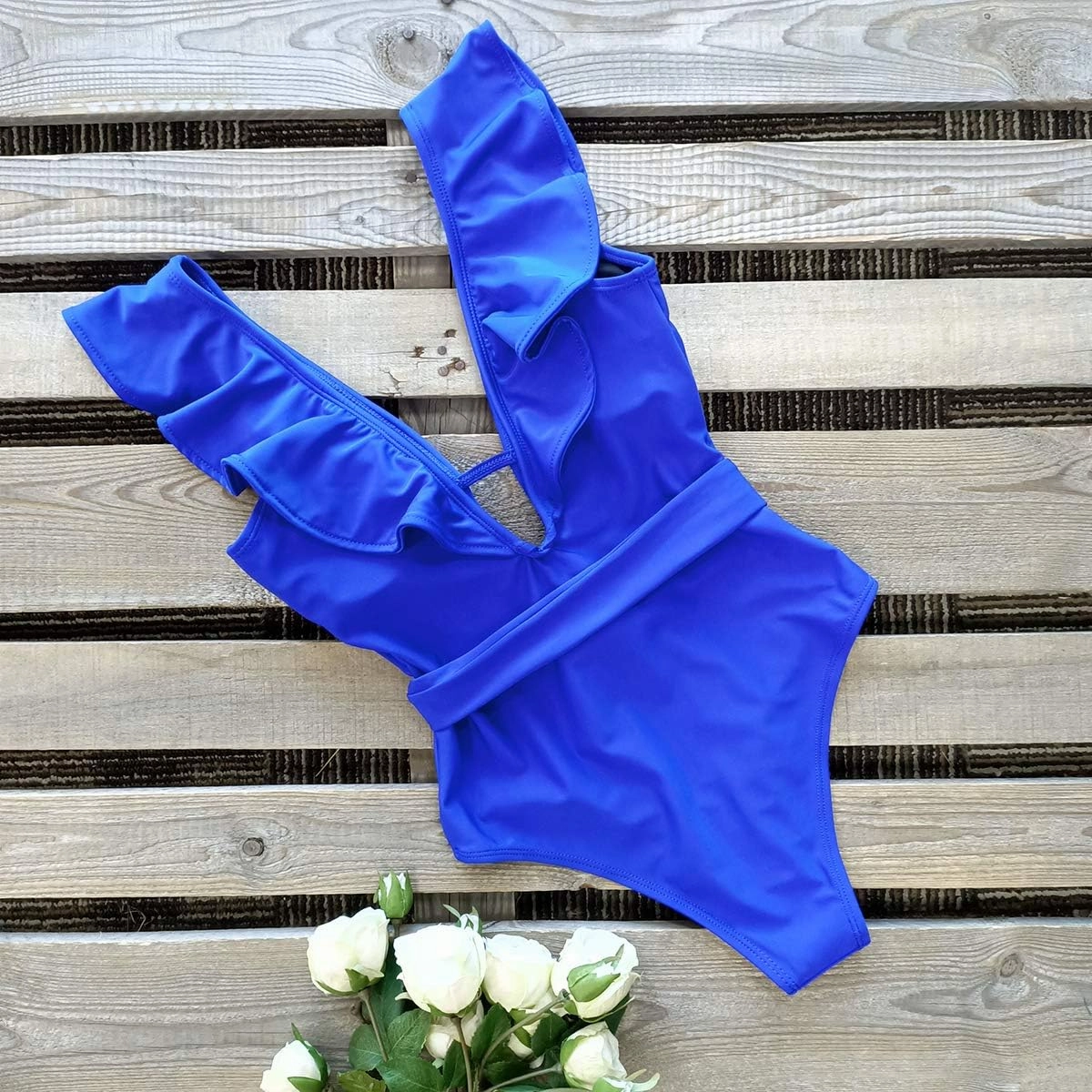 SPORLIKE Women One Piece Swimsuit V-Neck Ruffle Bathing Suit Padded Monokini