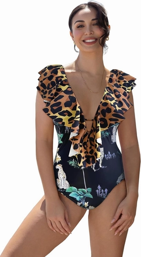 SPORLIKE Women One Piece Swimsuit V-Neck Ruffle Bathing Suit Padded Monokini