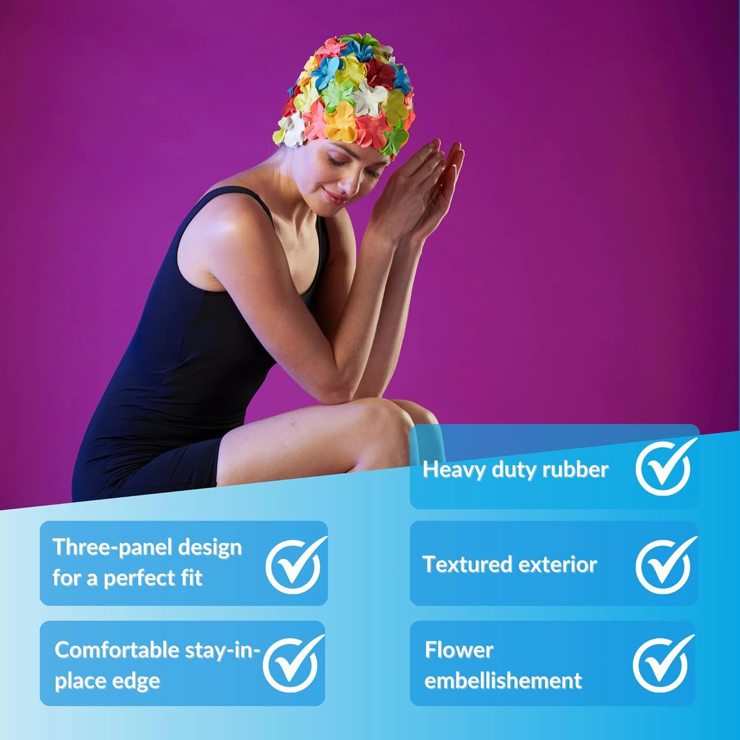 Sporti Flower Swim Cap - Swim Cap for Women- Stylish, Heavy-Duty Rubber, Hair Protection - Ideal for Water Enthusiasts
