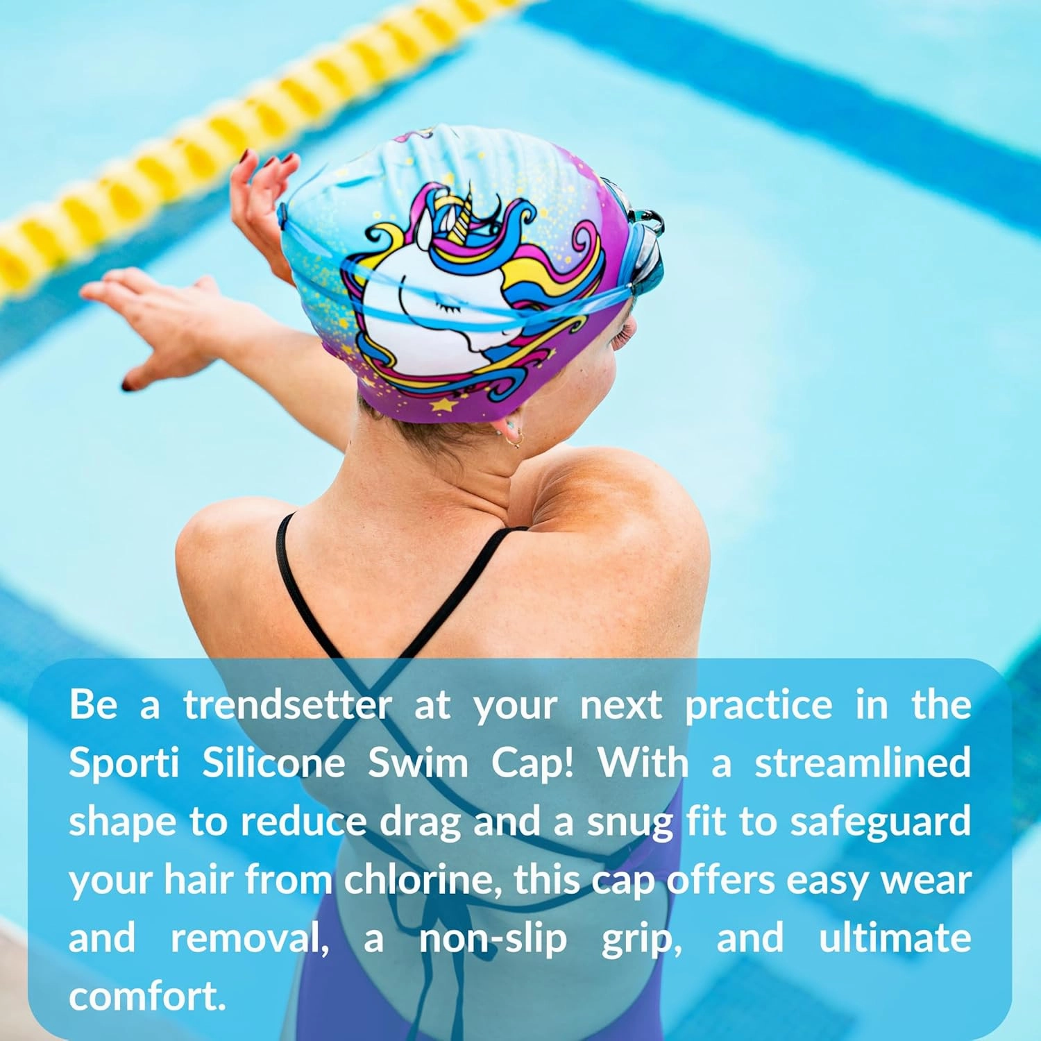 Sporti Silicone Swim Cap Graphic Design with Dimension Height 7.6" Opening 7.5", Swimming Cap Non Slip, Easy Wear and Removal