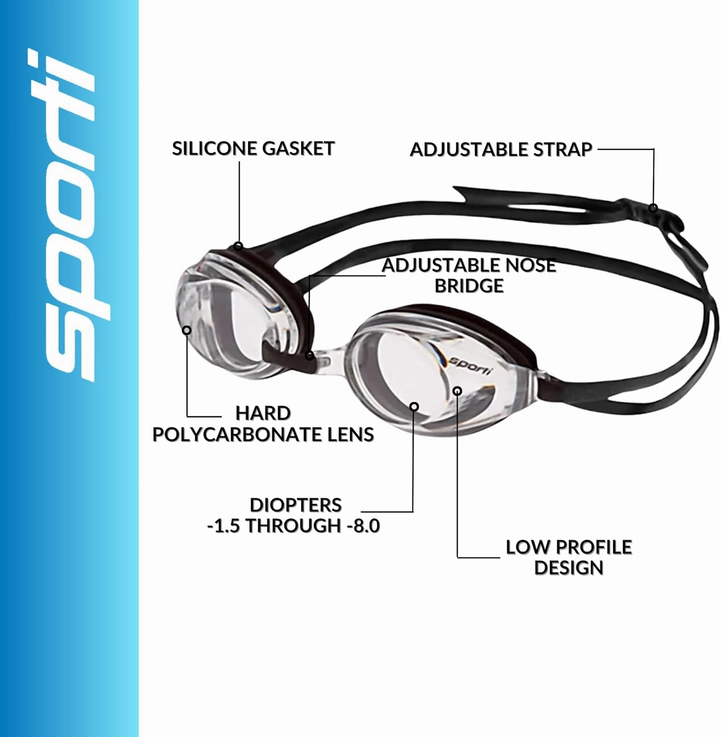 Sporti Unisex Adult Antifog Optical Goggle, Swimming Goggle -1.5D to -8.0D, Antifog Swim Goggles for Men & Women, Anti UV