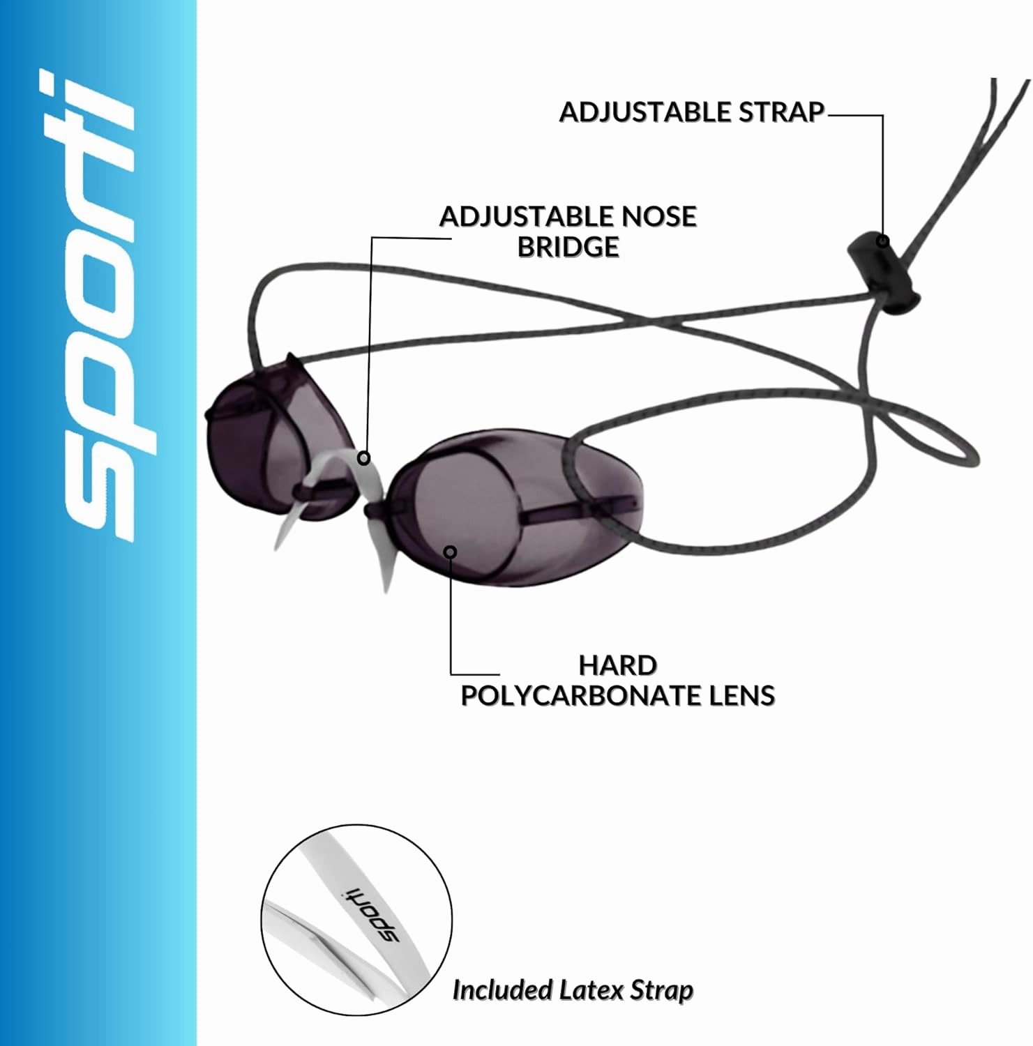 Sporti Unisex Adult Swedish Swimming Goggles, Antifog Swim Goggles for Men & Women, UV Protection, Bungee Strap with Toggle