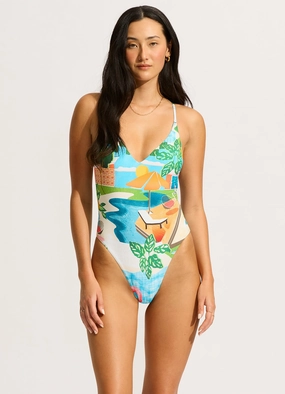 Sunset V Neck One Piece Swimsuit - Turquoise