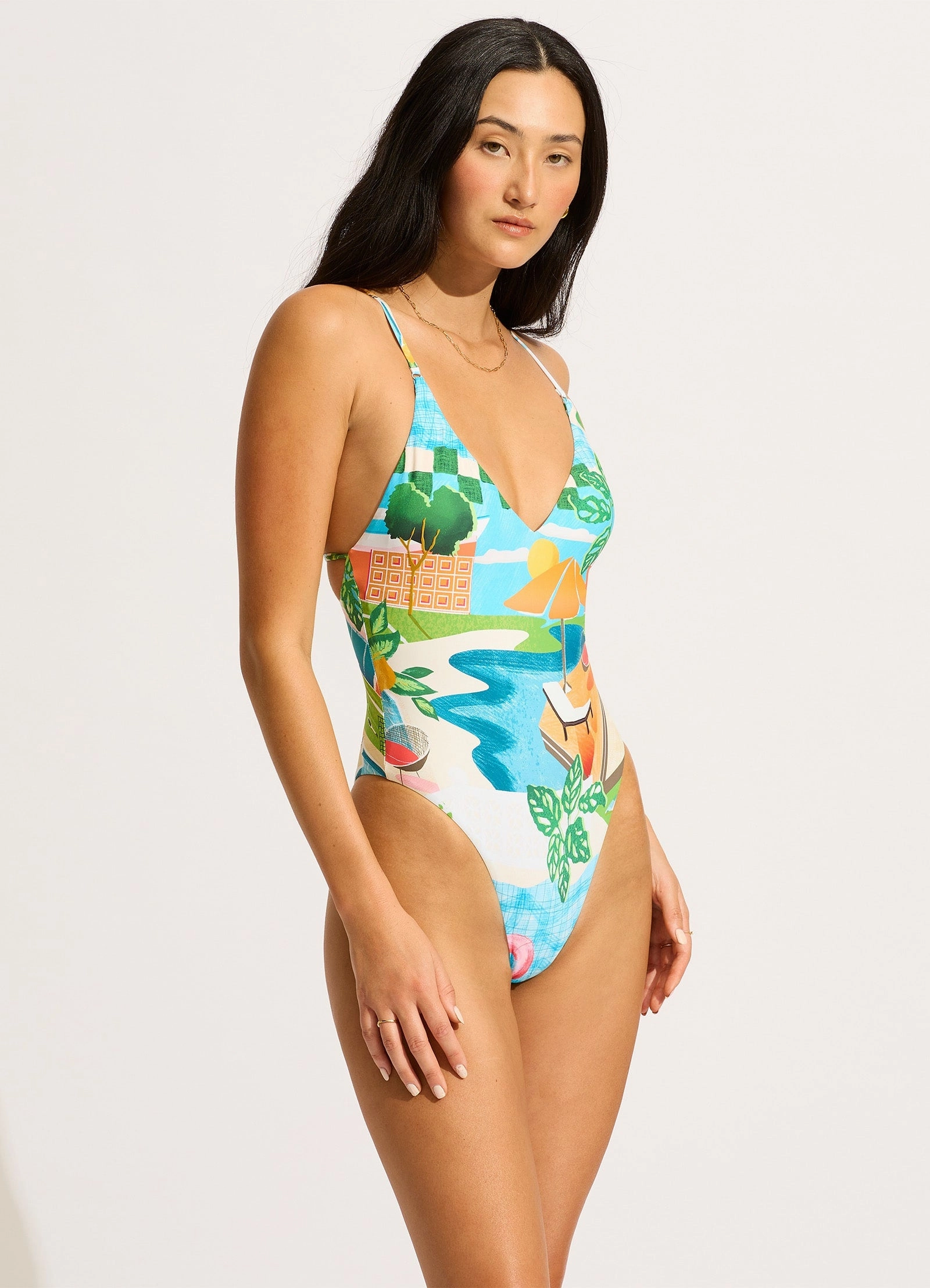 Sunset V Neck One Piece Swimsuit - Turquoise