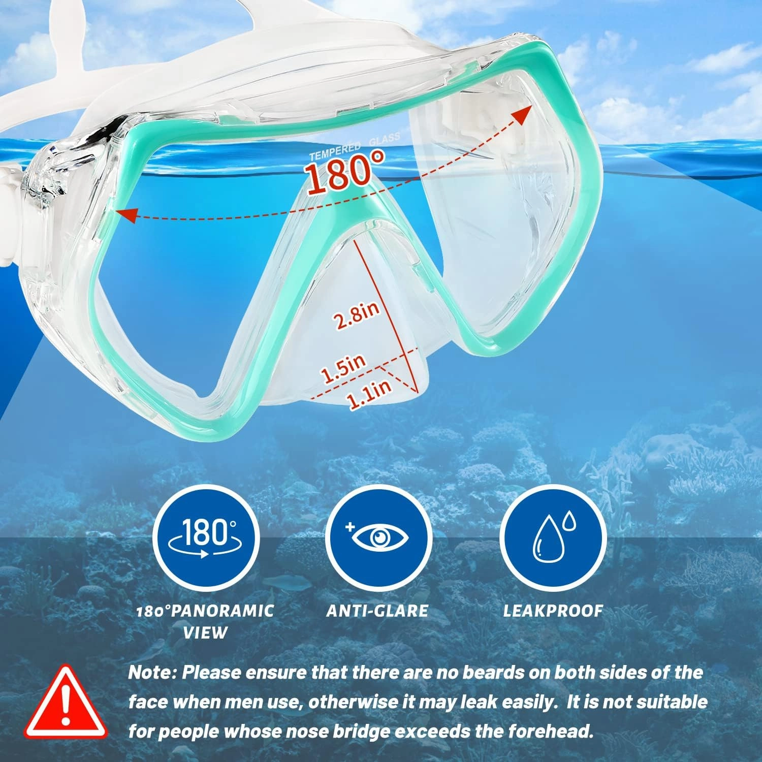 Supertrip Snorkel Mask Adult Swimming Goggles with Nose Cover for Men Women Youth, 180Clear View Scuba Swim Mask