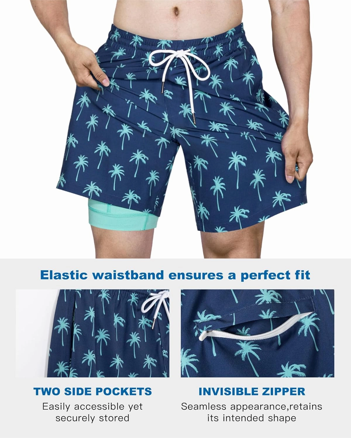 SURF CUZ Mens Swim Trunks with Compression Liner Quick Dry Swim Shorts 7" Swimming Trunks Stretch Bathing Suit 7 Inch