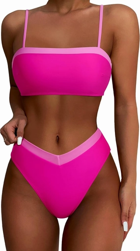 SUUKSESS Women Bandeau High Waited 2 Piece Bikini Set Cheeky High Cut Swimsuit