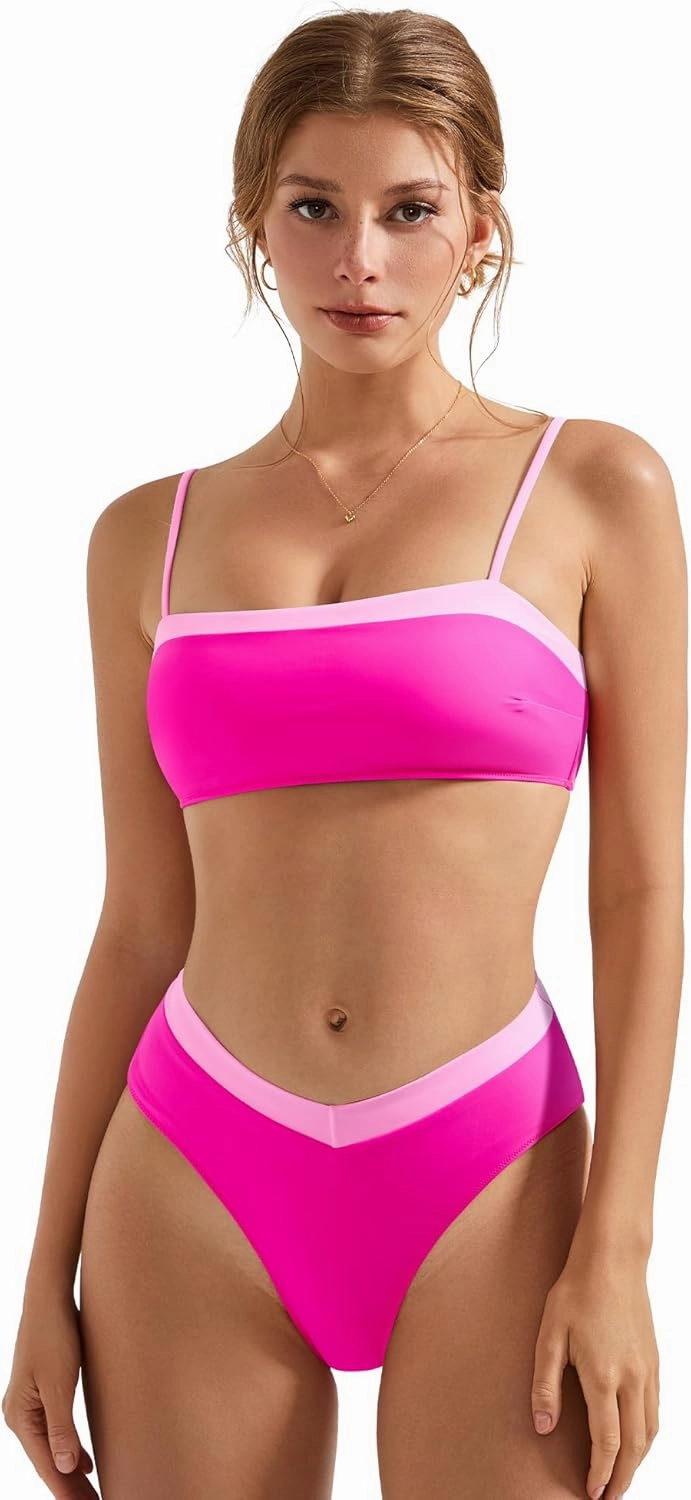 SUUKSESS Women Bandeau High Waited 2 Piece Bikini Set Cheeky High Cut Swimsuit