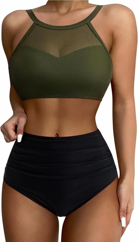 SUUKSESS Women High Waisted Bikini Sets Sexy Mesh High Neck Swimsuit 2 Piece