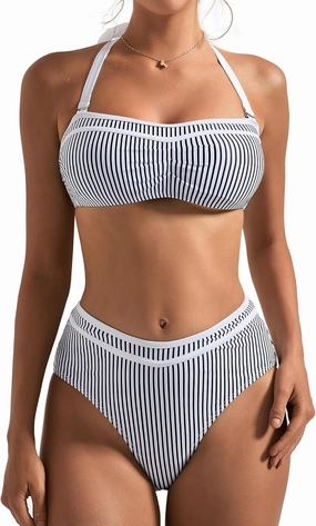 SUUKSESS Women High Waited Bandeau Bikini Sets Halter High Cut 2 Piece Swimsuit