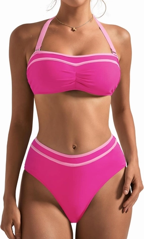SUUKSESS Women High Waited Bandeau Bikini Sets Halter High Cut 2 Piece Swimsuit