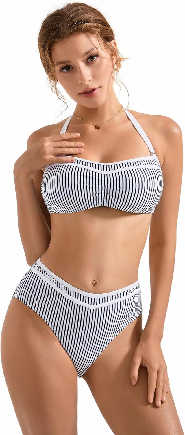 SUUKSESS Women High Waited Bandeau Bikini Sets Halter High Cut 2 Piece Swimsuit