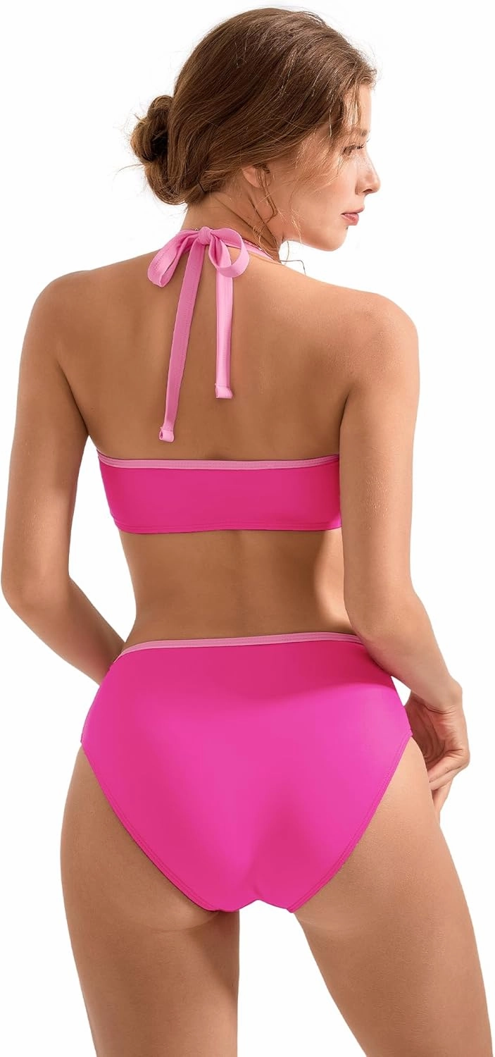 SUUKSESS Women High Waited Bandeau Bikini Sets Halter High Cut 2 Piece Swimsuit