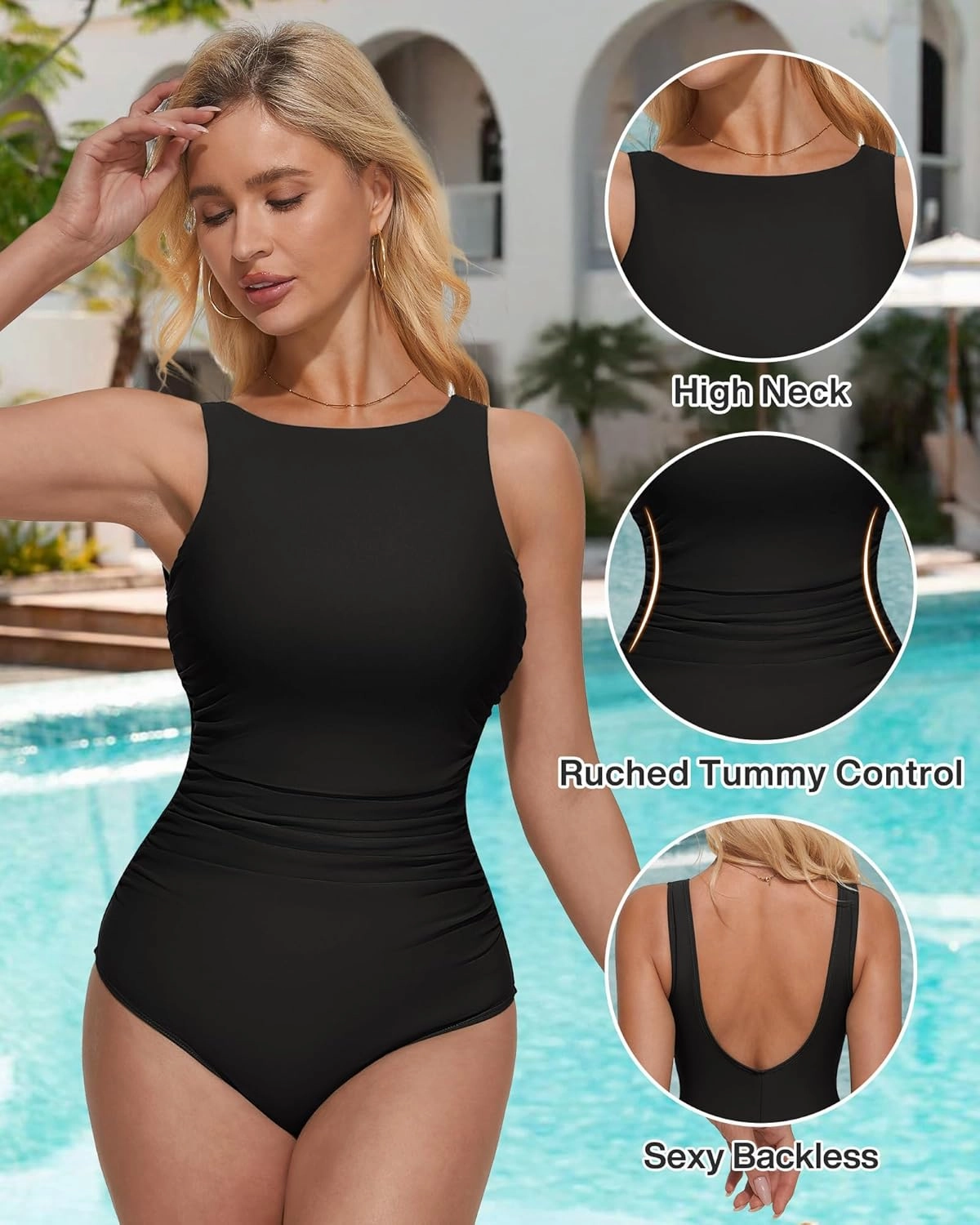 SUUKSESS Women One Piece Ruched Swimsuit Tummy Control Backless Bathing Suit