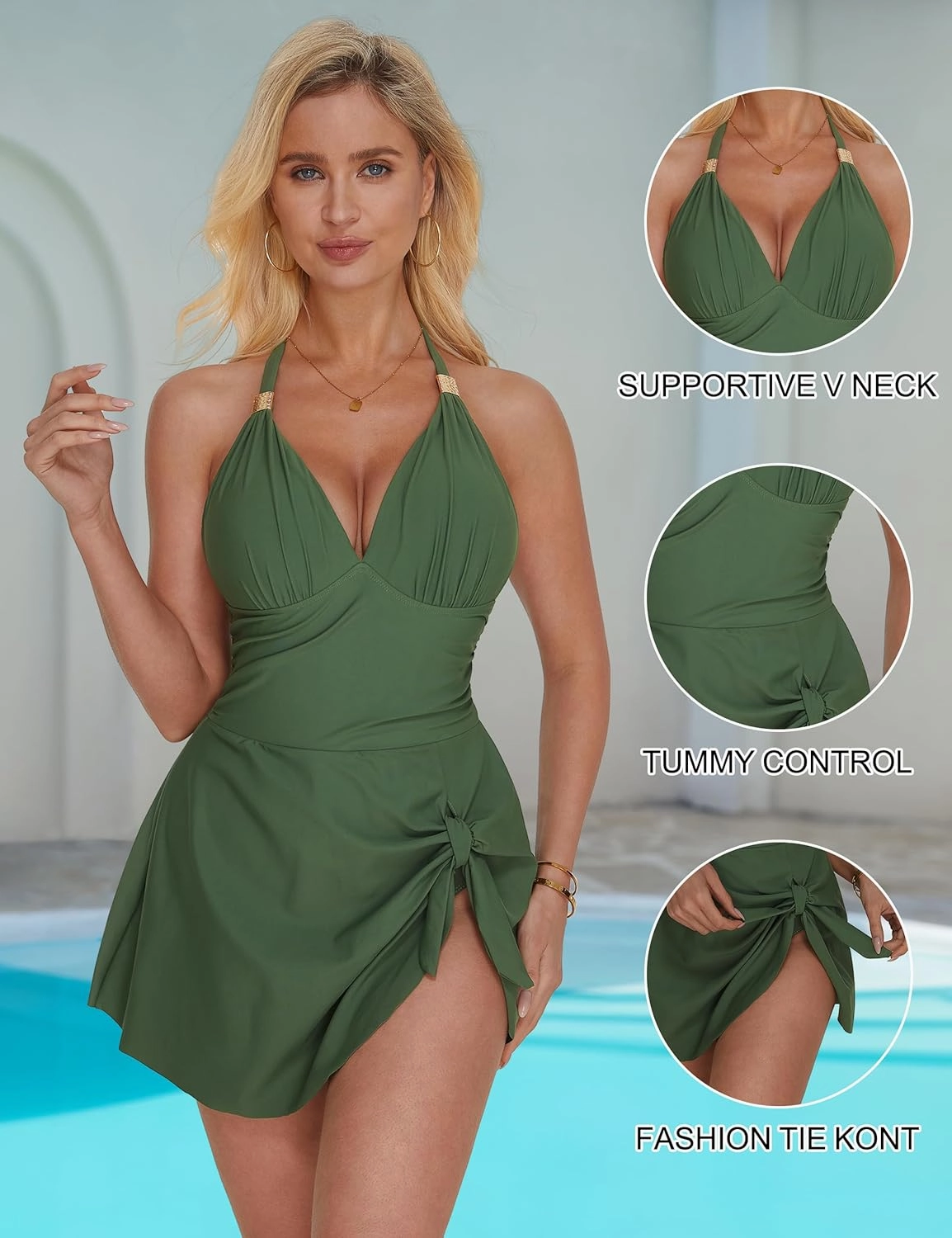 SUUKSESS Women One Piece Swim Dress Tummy Control Swimsuit Tie Knot Bathing Suit