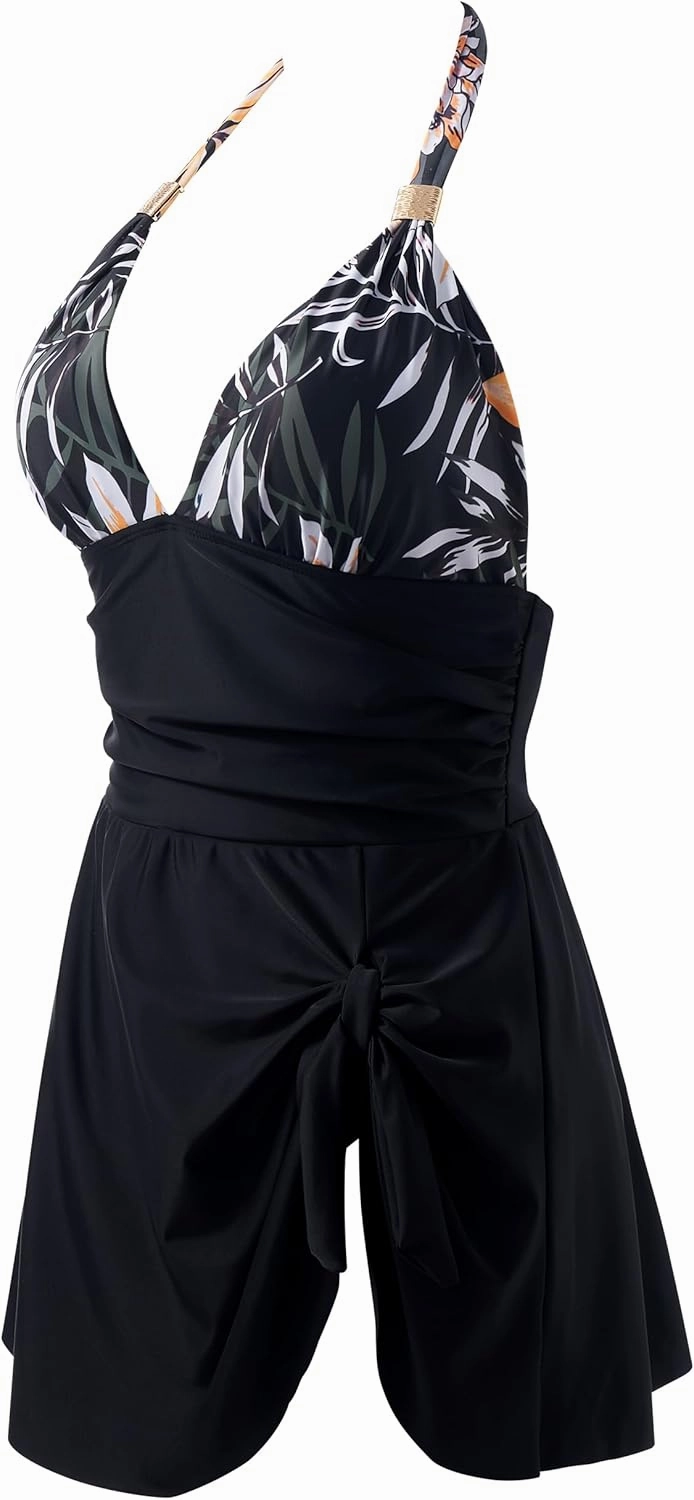 SUUKSESS Women One Piece Swim Dress Tummy Control Swimsuit Tie Knot Bathing Suit