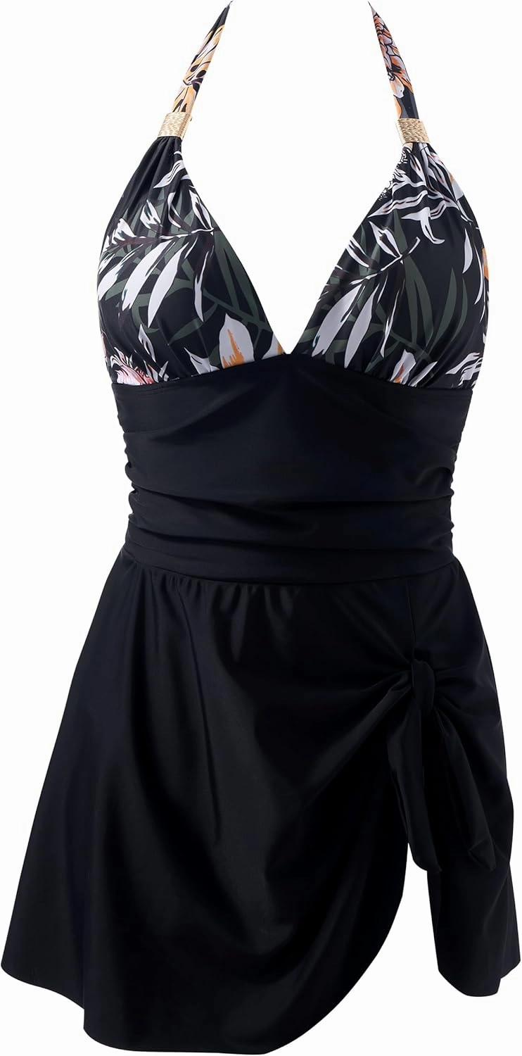 SUUKSESS Women One Piece Swim Dress Tummy Control Swimsuit Tie Knot Bathing Suit
