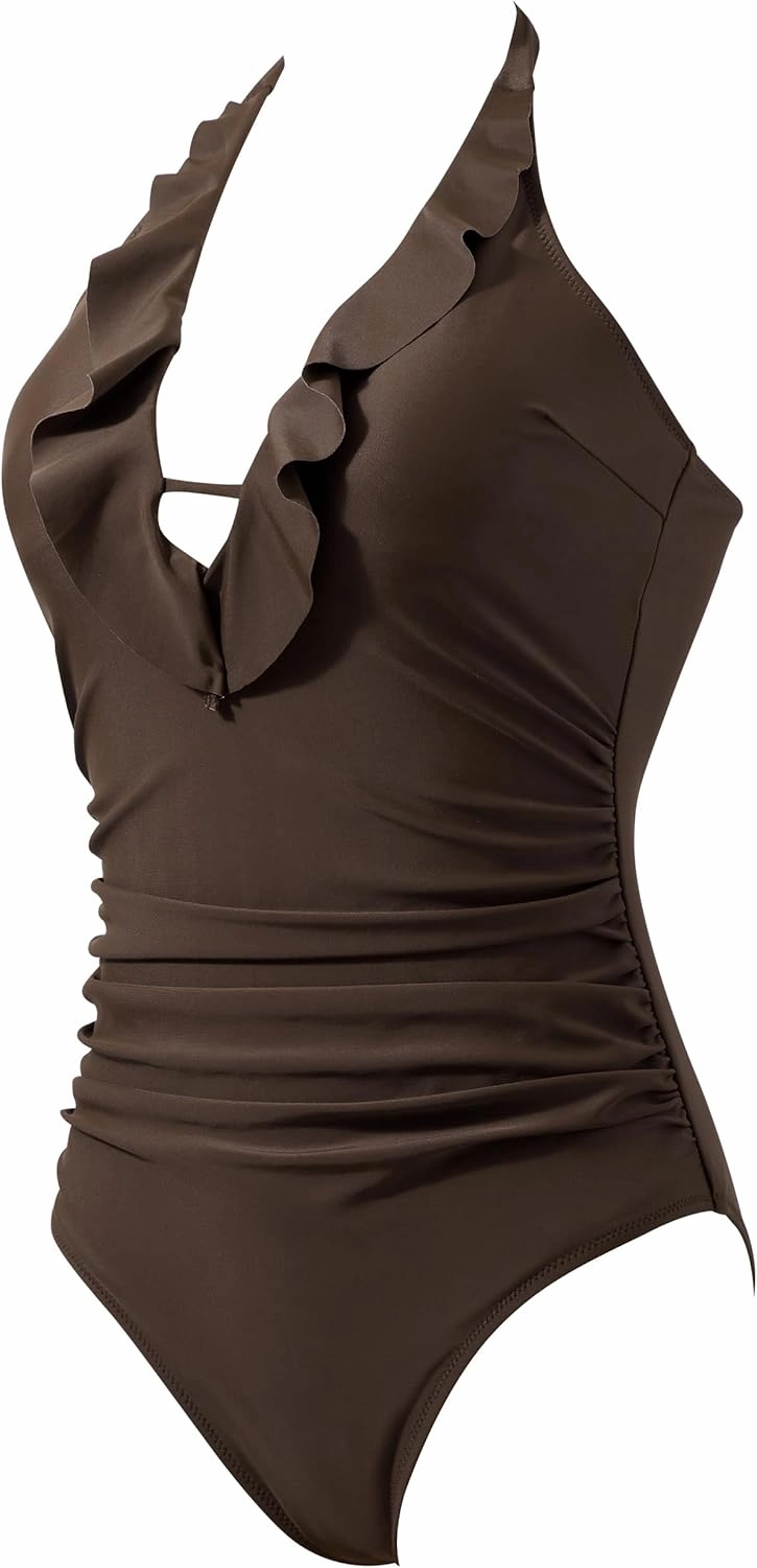 SUUKSESS Women Sexy Halter One Piece Swimsuits Ruffle Tummy Control Bathing Suit