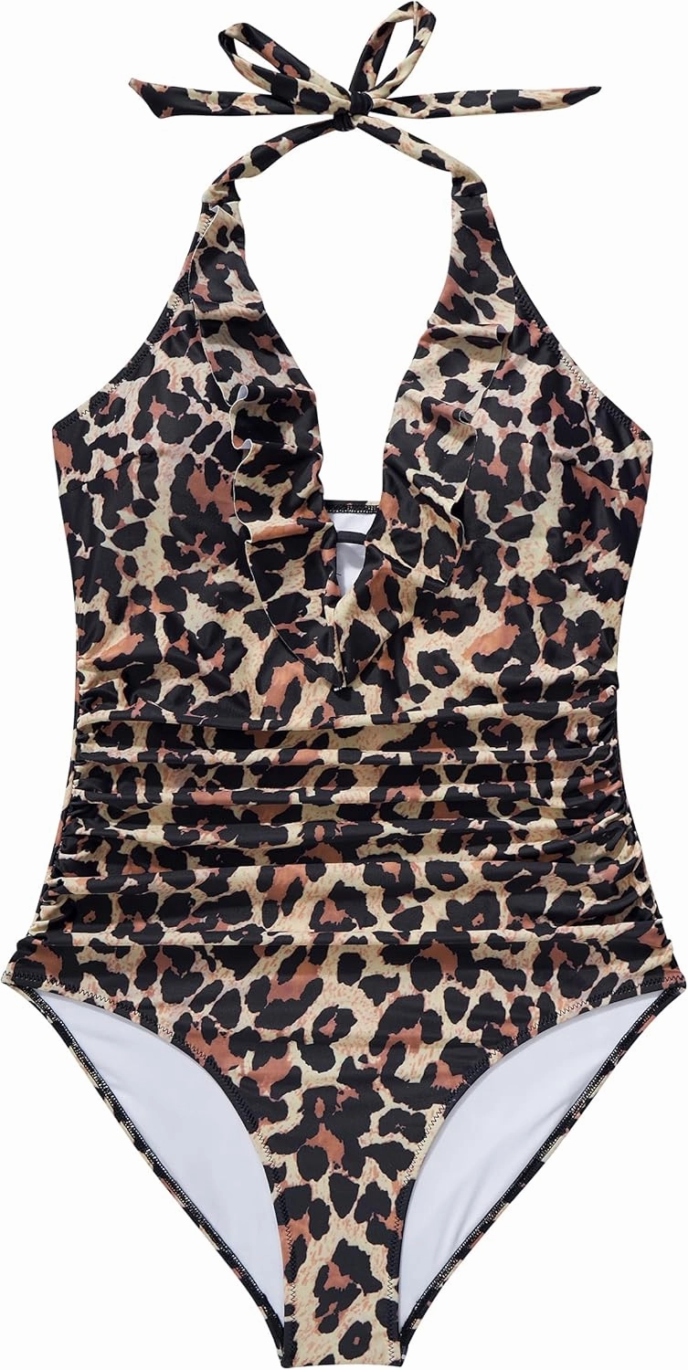 SUUKSESS Women Sexy Halter One Piece Swimsuits Ruffle Tummy Control Bathing Suit