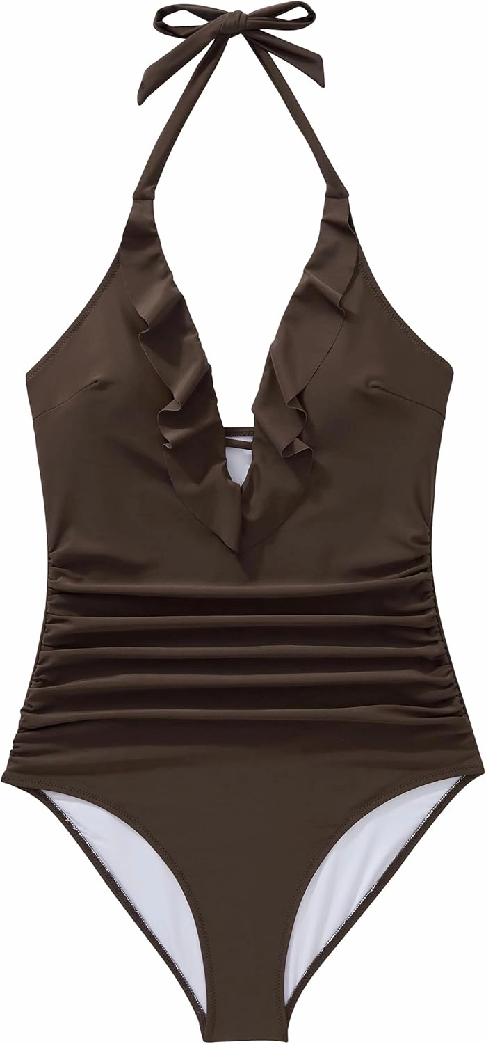 SUUKSESS Women Sexy Halter One Piece Swimsuits Ruffle Tummy Control Bathing Suit