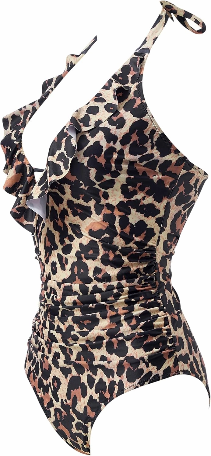 SUUKSESS Women Sexy Halter One Piece Swimsuits Ruffle Tummy Control Bathing Suit