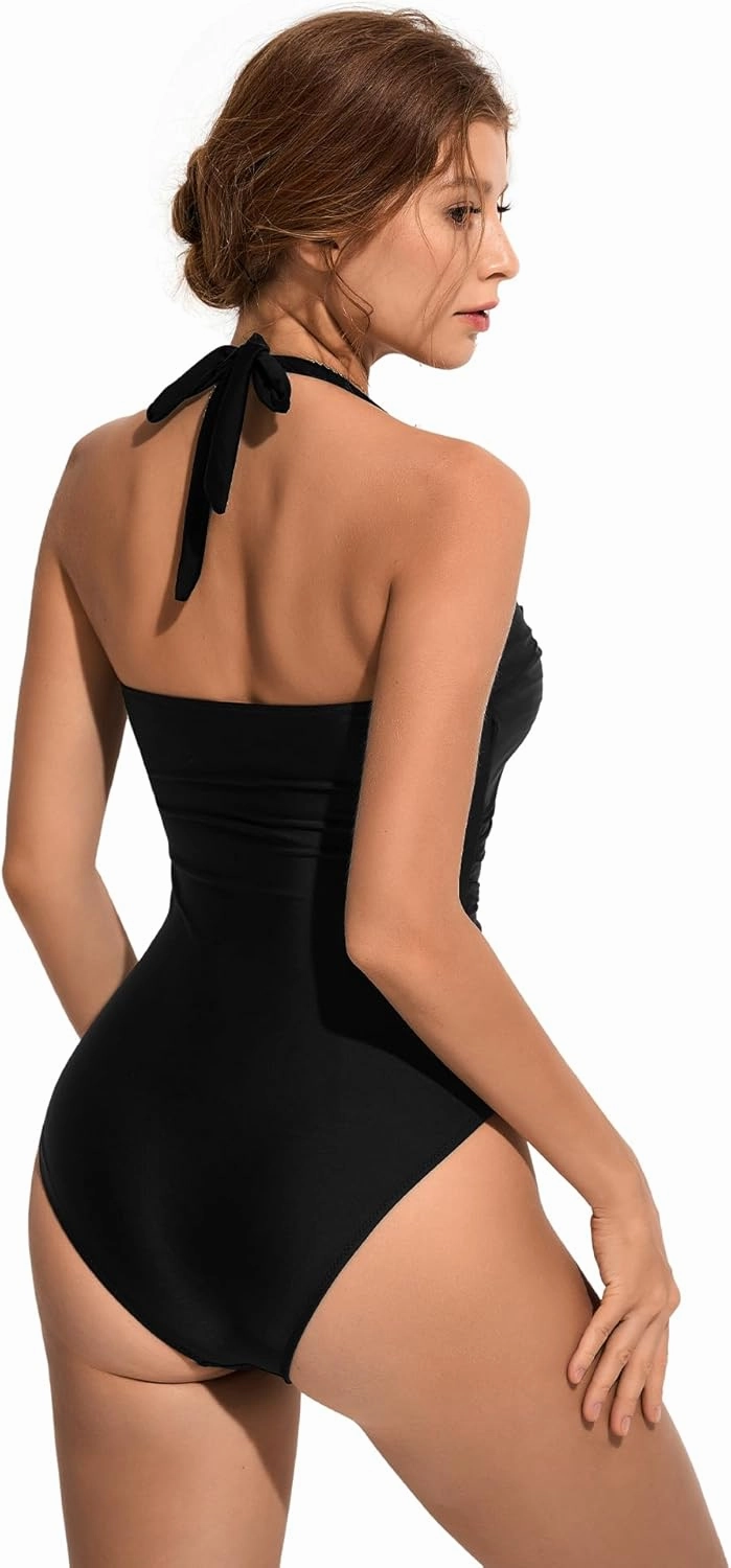 SUUKSESS Women Sexy Halter One Piece Swimsuits Ruffle Tummy Control Bathing Suit