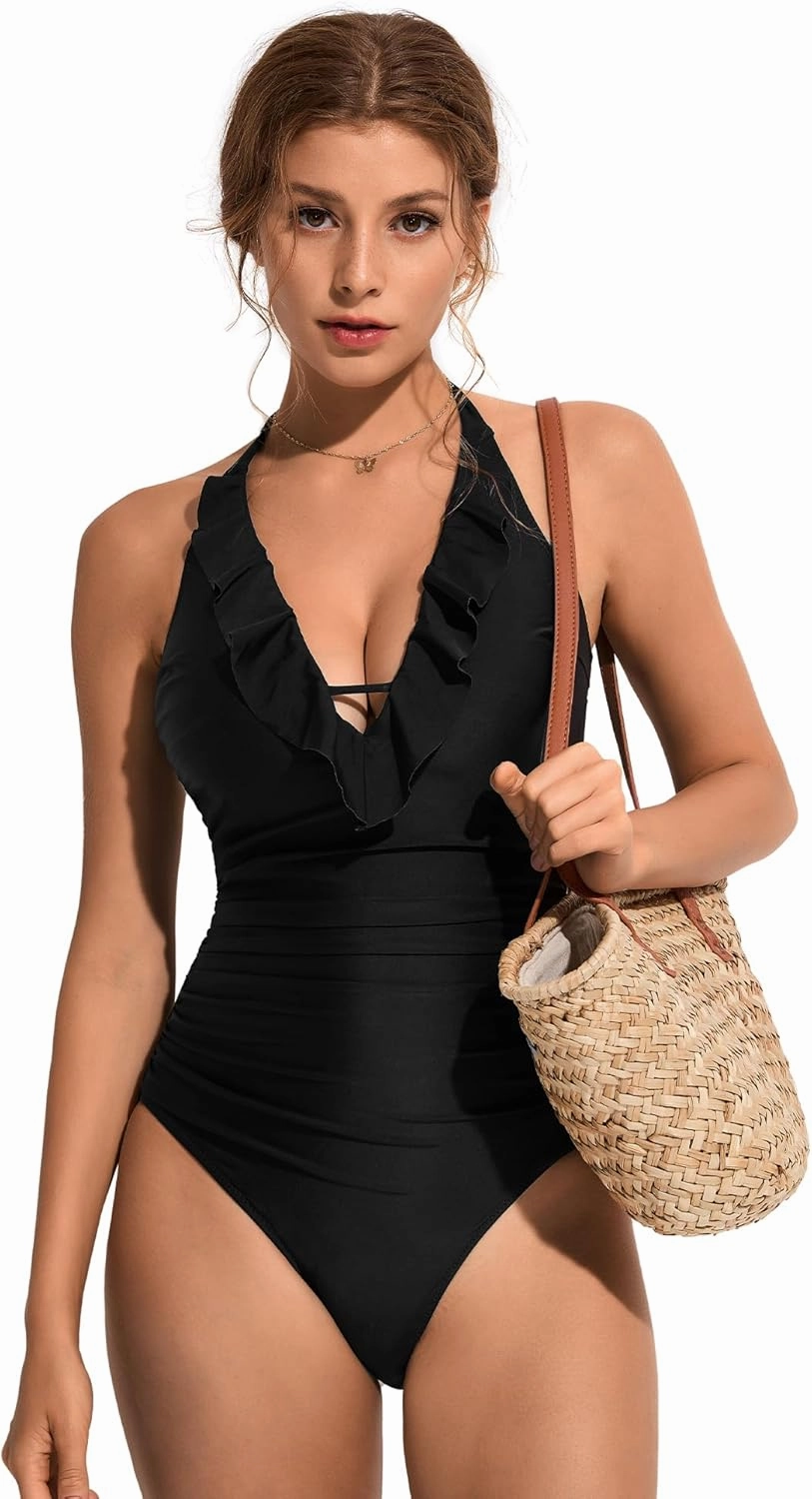 SUUKSESS Women Sexy Halter One Piece Swimsuits Ruffle Tummy Control Bathing Suit