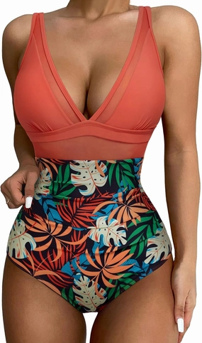 SUUKSESS Women Sexy Mesh Tummy Control Swimsuit Push Up High Waisted Bathing Suit