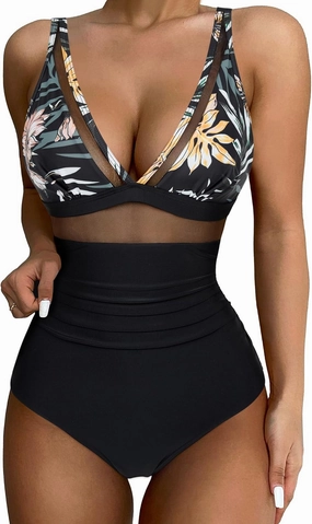 SUUKSESS Women Sexy Mesh Tummy Control Swimsuit Push Up High Waisted Bathing Suit
