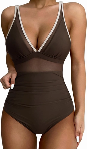 SUUKSESS Women Sexy Mesh Tummy Control Swimsuit Push Up High Waisted Bathing Suit