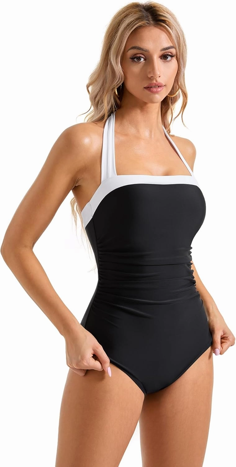 SUUKSESS Women Sexy Tummy Control One Piece Swimsuit Halter Retro Bathing Suit