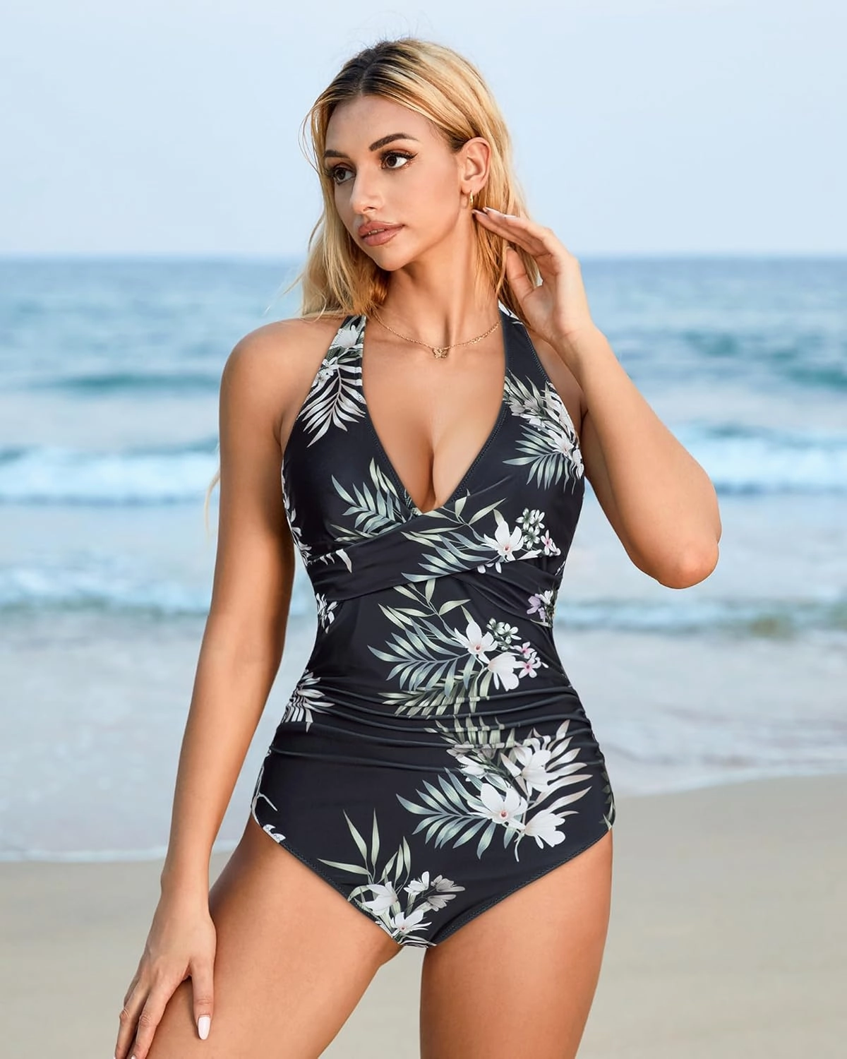 SUUKSESS Women Sexy Tummy Control One Piece Swimsuits Halter Push Up Bathing Suits