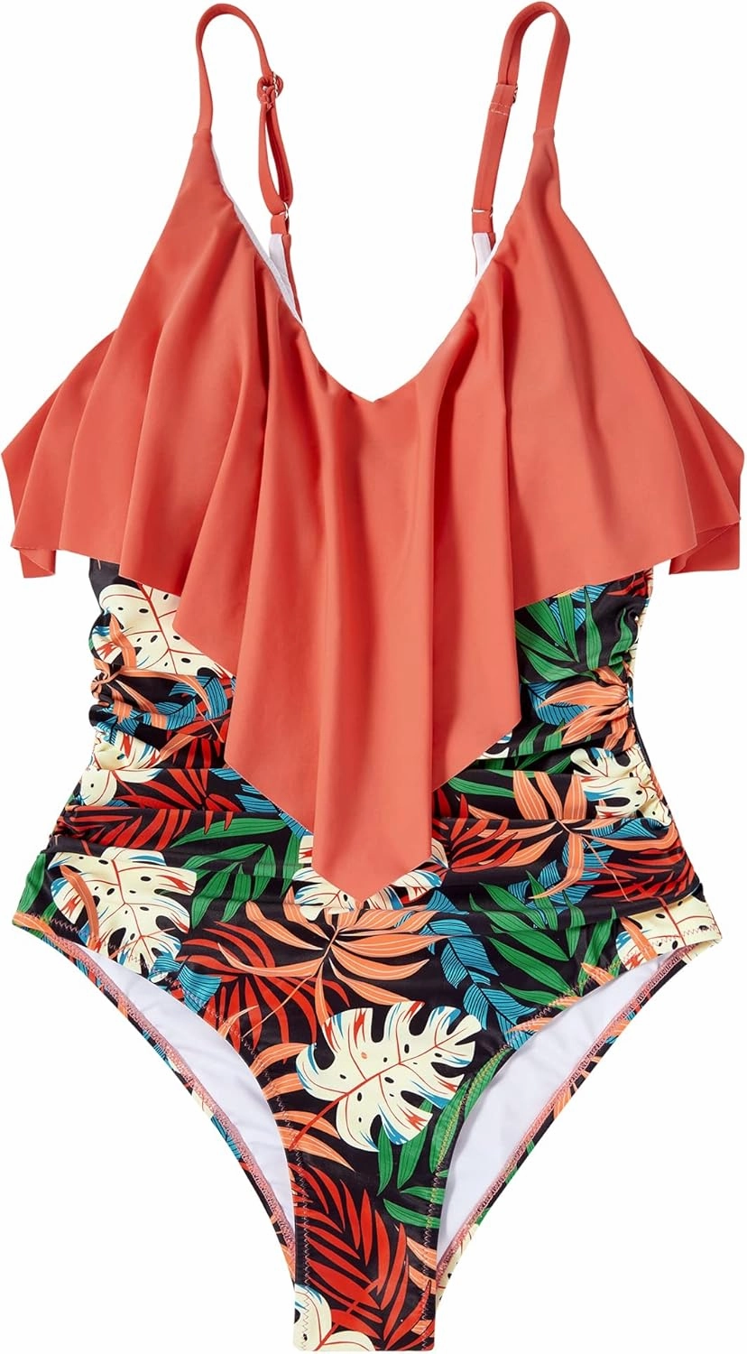 SUUKSESS Women Slimming Ruffle One Piece Swimsuits Ruched Tummy Control Bathing Suits