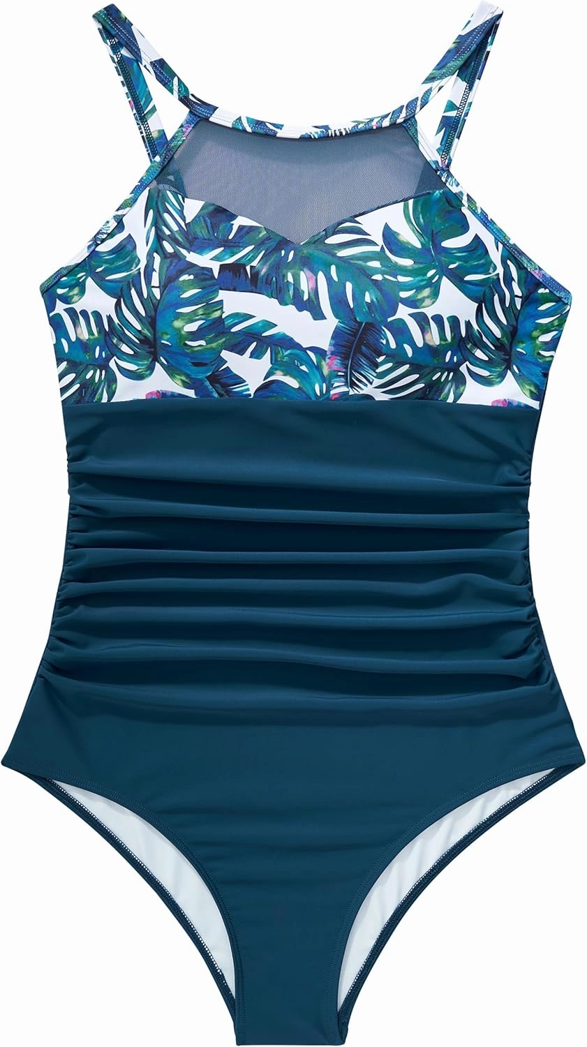 SUUKSESS Women Tummy Control One Piece Swimsuit Sexy Mesh High Neck Bathing Suit