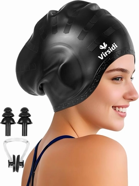 Swim Cap for Long Hair, Silicone Swimming Cap for Adult Women Men with 3D Ear Protection, Waterproof Large Swim Hats Bathing Caps to Keep Hair Dry with Ear Plugs Nose Clip