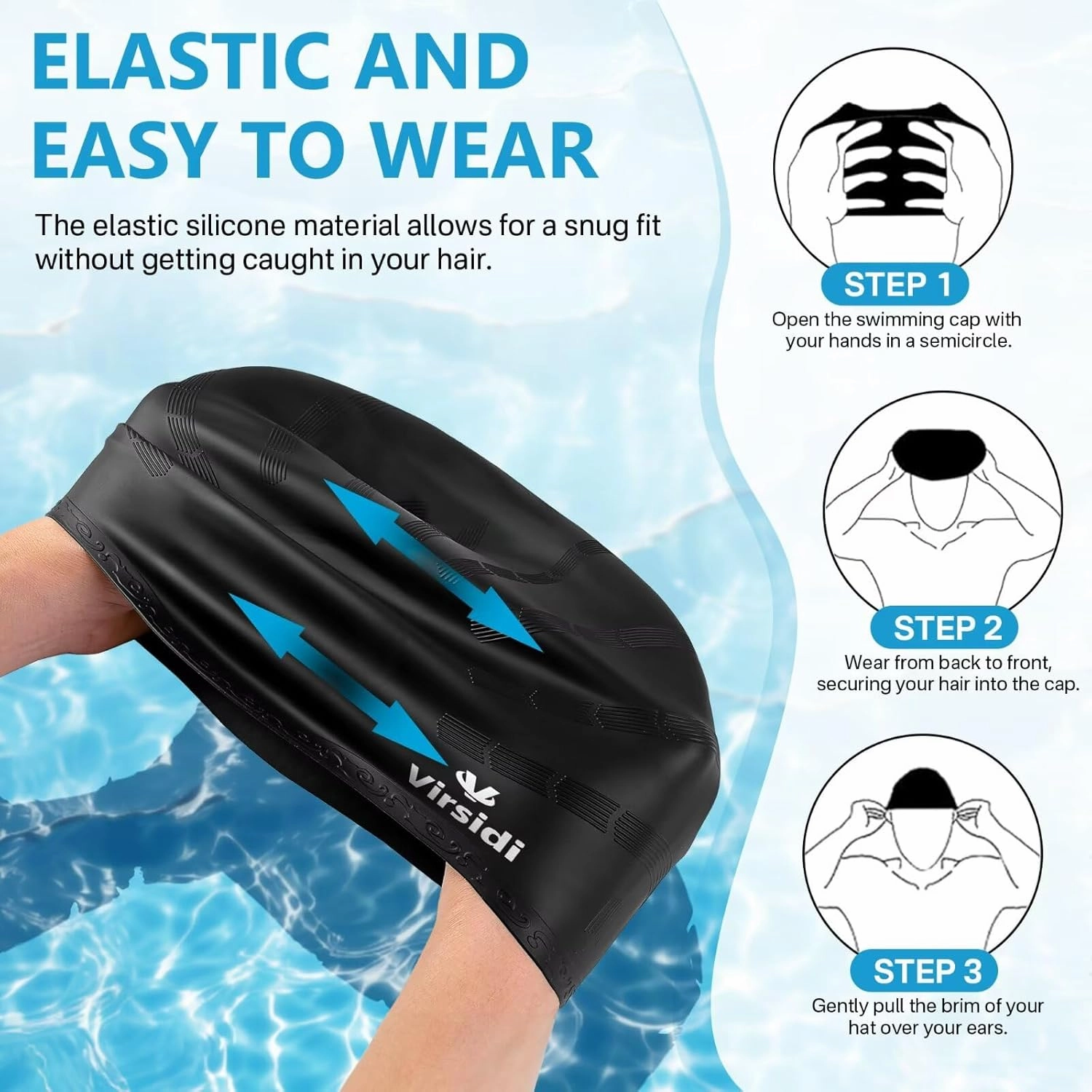 Swim Cap for Long Hair, Silicone Swimming Cap for Adult Women Men with 3D Ear Protection, Waterproof Large Swim Hats Bathing Caps to Keep Hair Dry with Ear Plugs Nose Clip