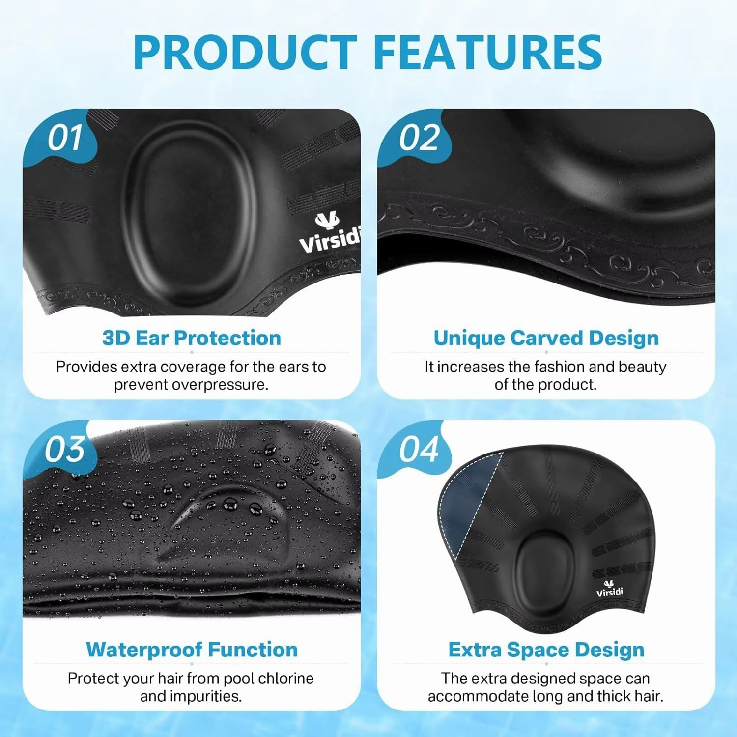 Swim Cap for Long Hair, Silicone Swimming Cap for Adult Women Men with 3D Ear Protection, Waterproof Large Swim Hats Bathing Caps to Keep Hair Dry with Ear Plugs Nose Clip