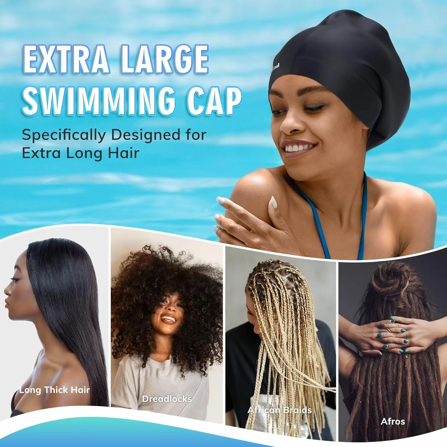 Swim Cap for Long Thick Hair, 3 Size Silicone Swimming Caps for Dreadlocks, Braids, Weaves, Extensions, Curls & Afros, Adult Waterproof Swim Hats Bathing Caps for Women Men
