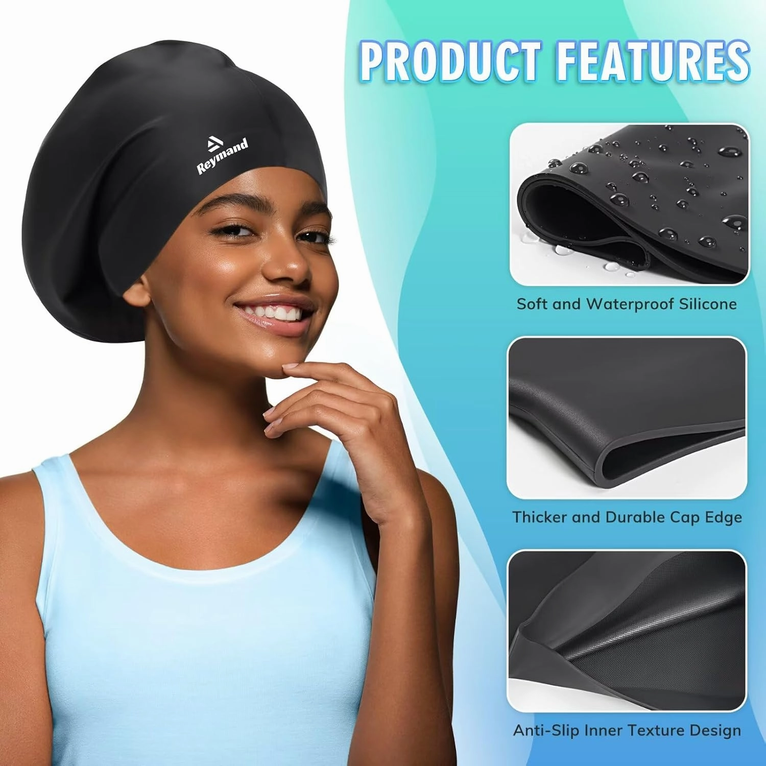 Swim Cap for Long Thick Hair, 3 Size Silicone Swimming Caps for Dreadlocks, Braids, Weaves, Extensions, Curls & Afros, Adult Waterproof Swim Hats Bathing Caps for Women Men