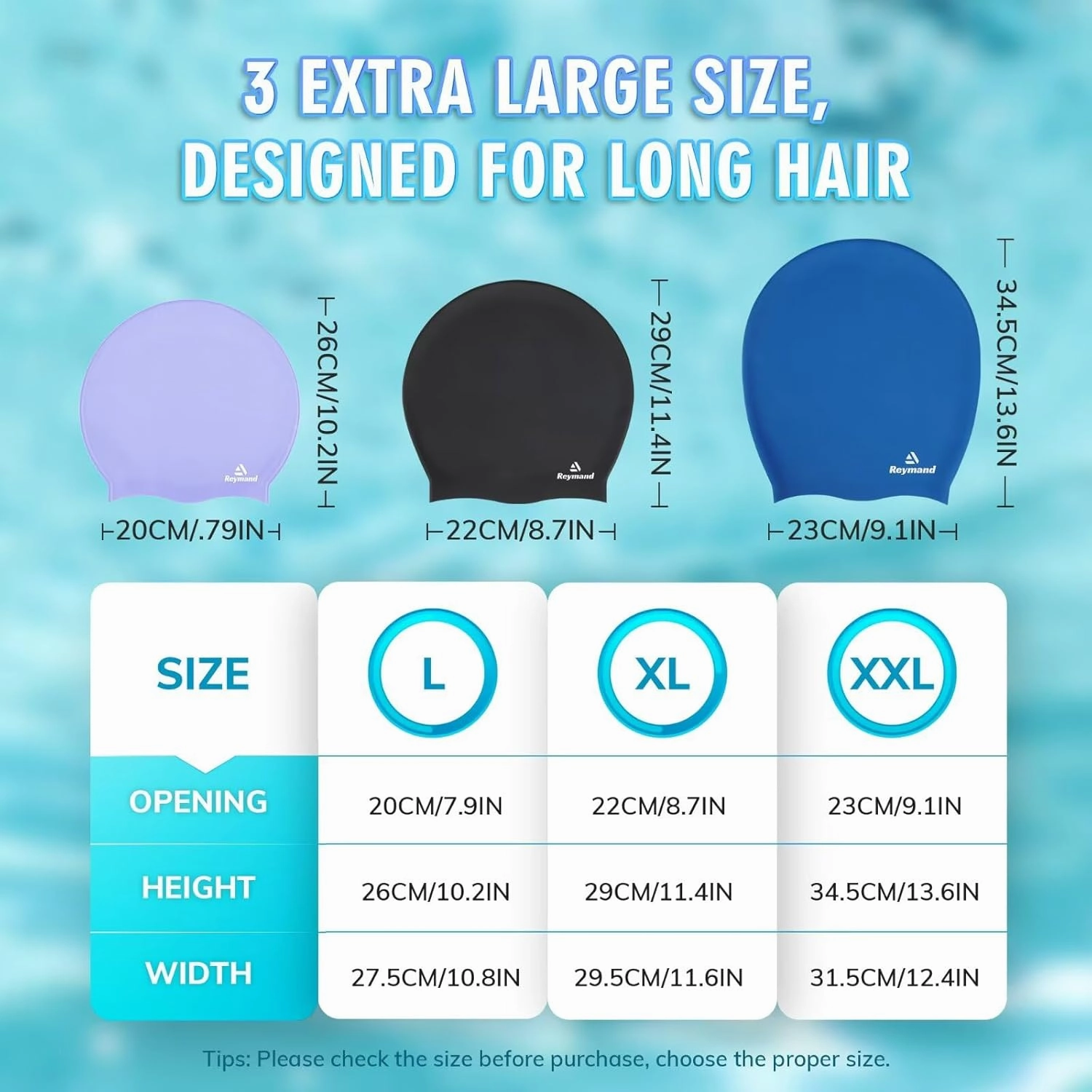 Swim Cap for Long Thick Hair, 3 Size Silicone Swimming Caps for Dreadlocks, Braids, Weaves, Extensions, Curls & Afros, Adult Waterproof Swim Hats Bathing Caps for Women Men