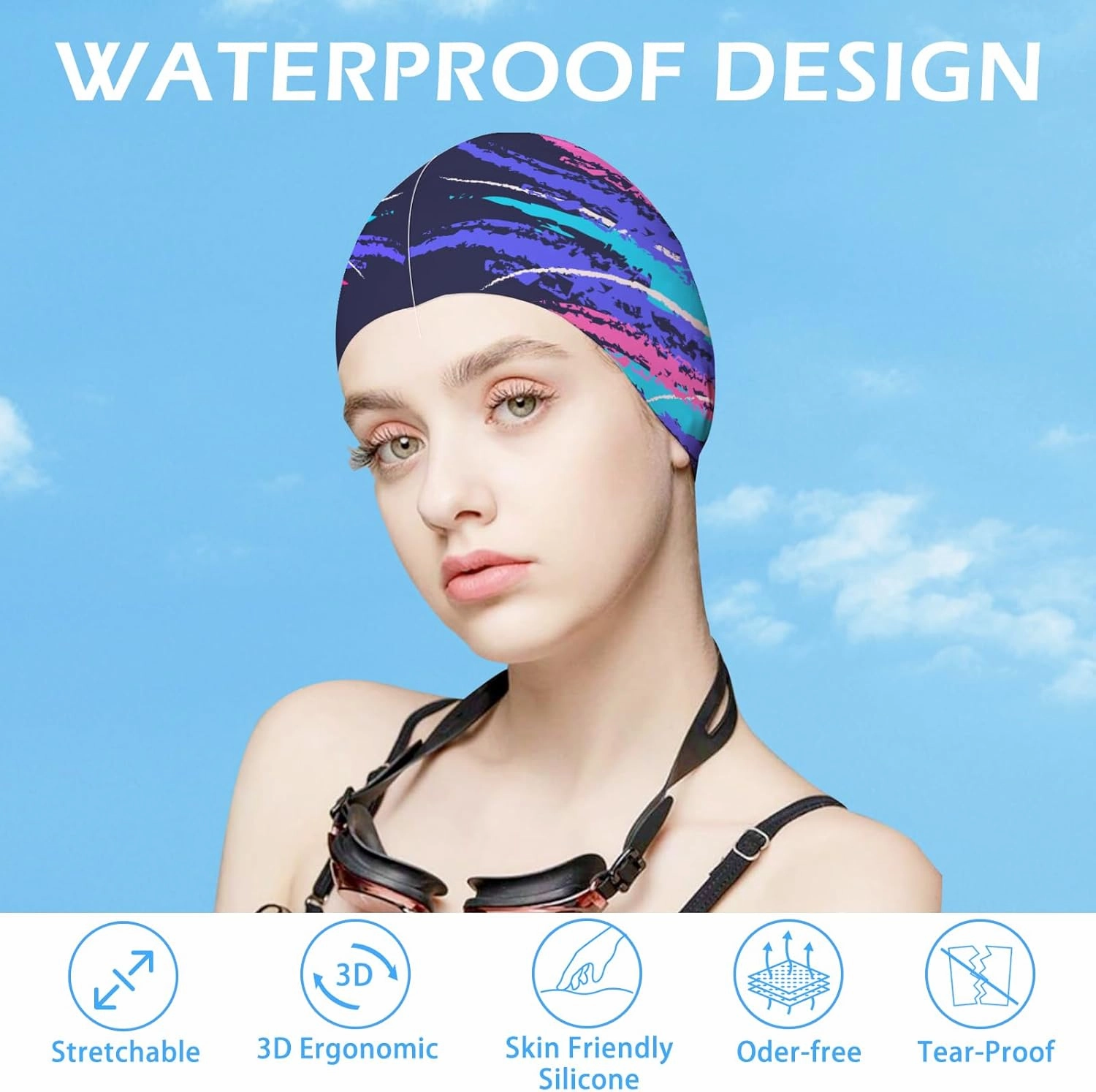 Swim Cap for Women Adult, Silicone Swimming Waterproof Bathing Cap Swimming Hat for Long Hair to Keep Hair Dry