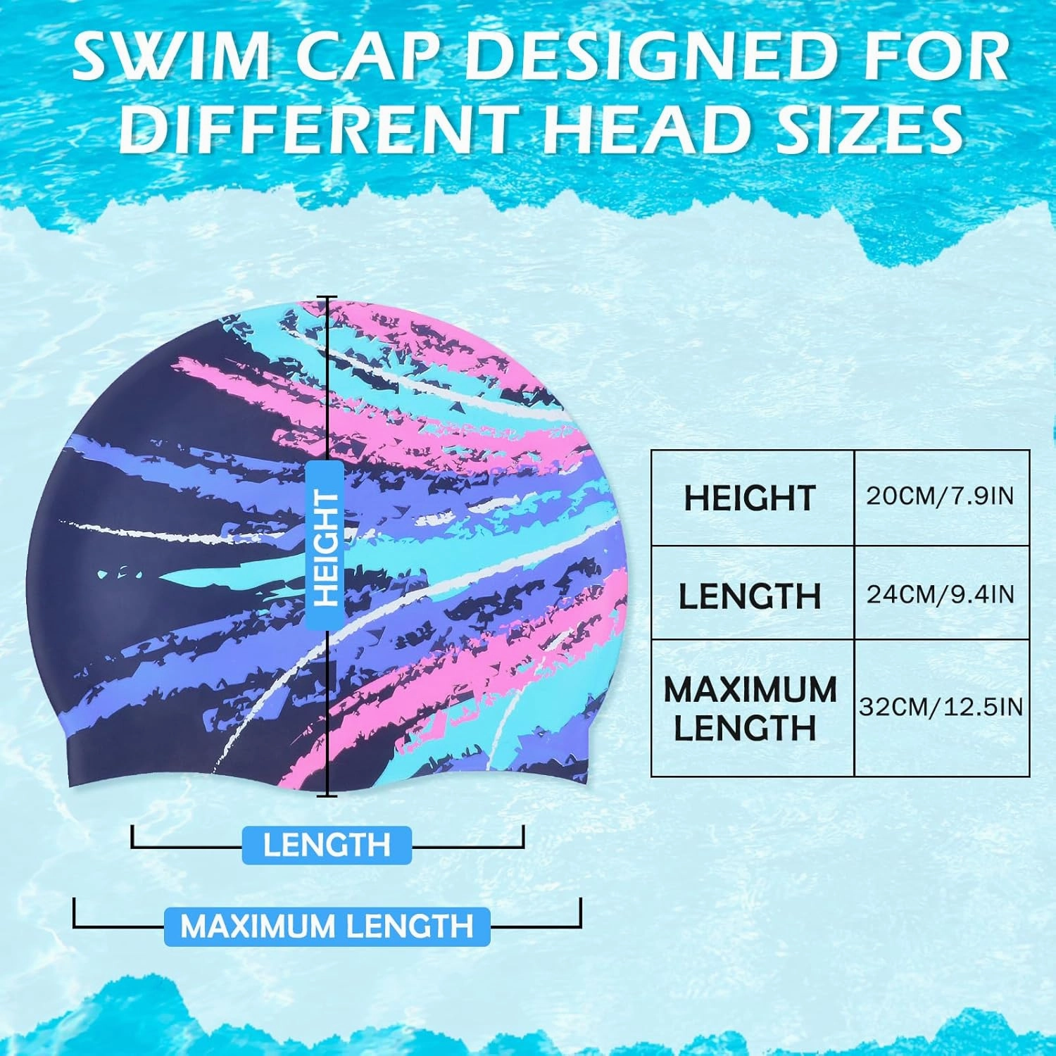 Swim Cap for Women Adult, Silicone Swimming Waterproof Bathing Cap Swimming Hat for Long Hair to Keep Hair Dry