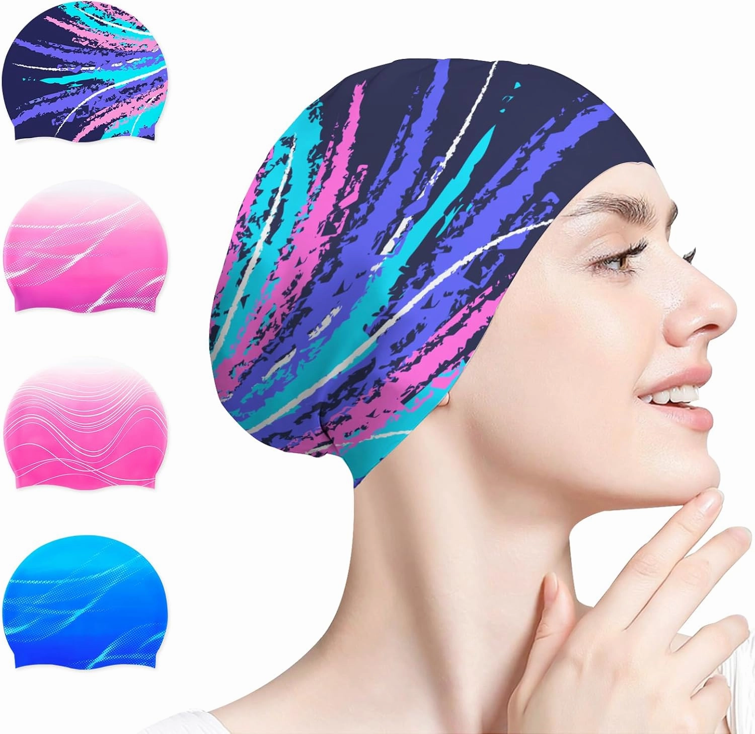 Swim Cap for Women Adult, Silicone Swimming Waterproof Bathing Cap Swimming Hat for Long Hair to Keep Hair Dry