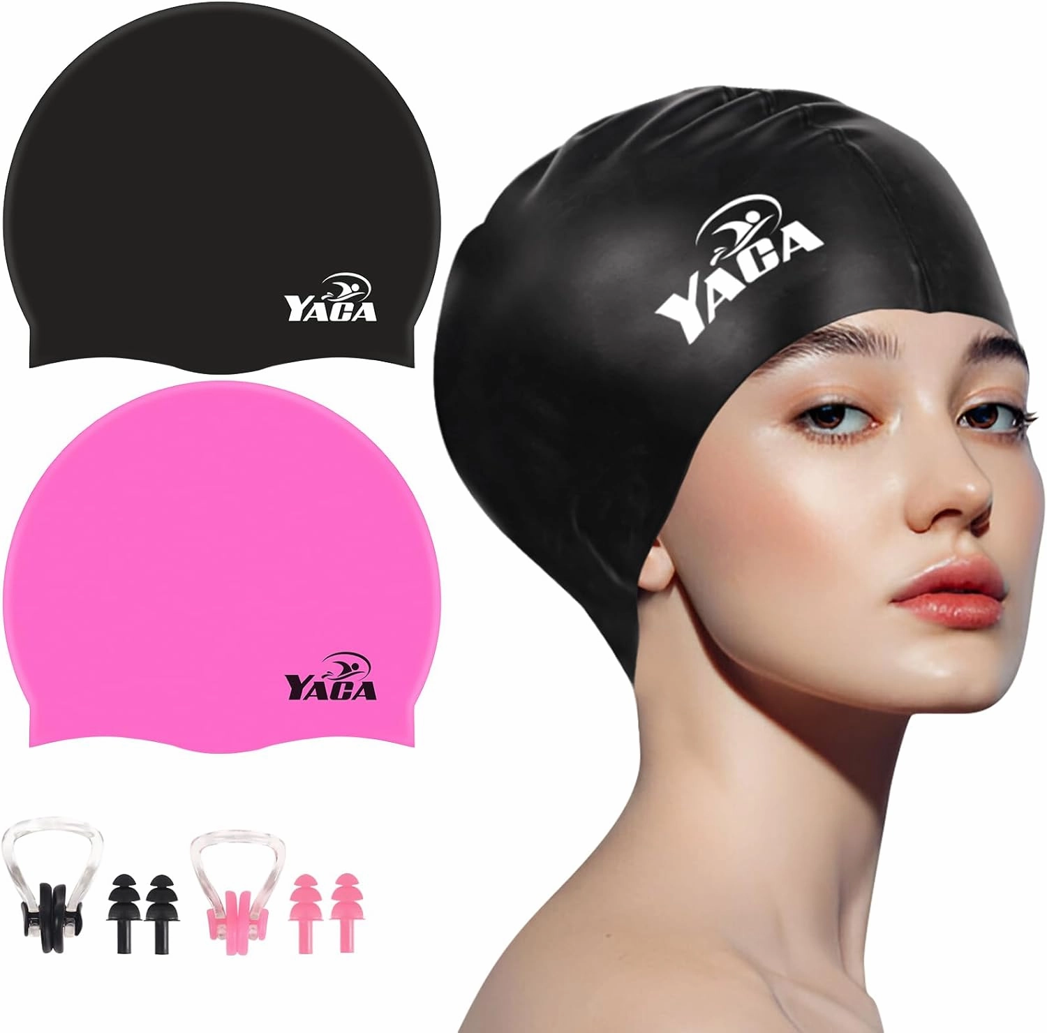 Swim Cap for Women Men, 2 Pack Silicone Adult Swimming Cap for Long Short Hair, Durable Waterproof Swim Caps to Keep Hair Dry, Elastic Tear-Proof Swim Hats Bathing Caps with Ear Plug and Nose Clip