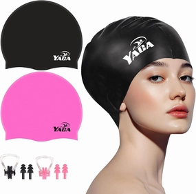 Swim Cap for Women Men, 2 Pack Silicone Adult Swimming Cap for Long Short Hair, Durable Waterproof Swim Caps to Keep Hair Dry, Elastic Tear-Proof Swim Hats Bathing Caps with Ear Plug and Nose Clip