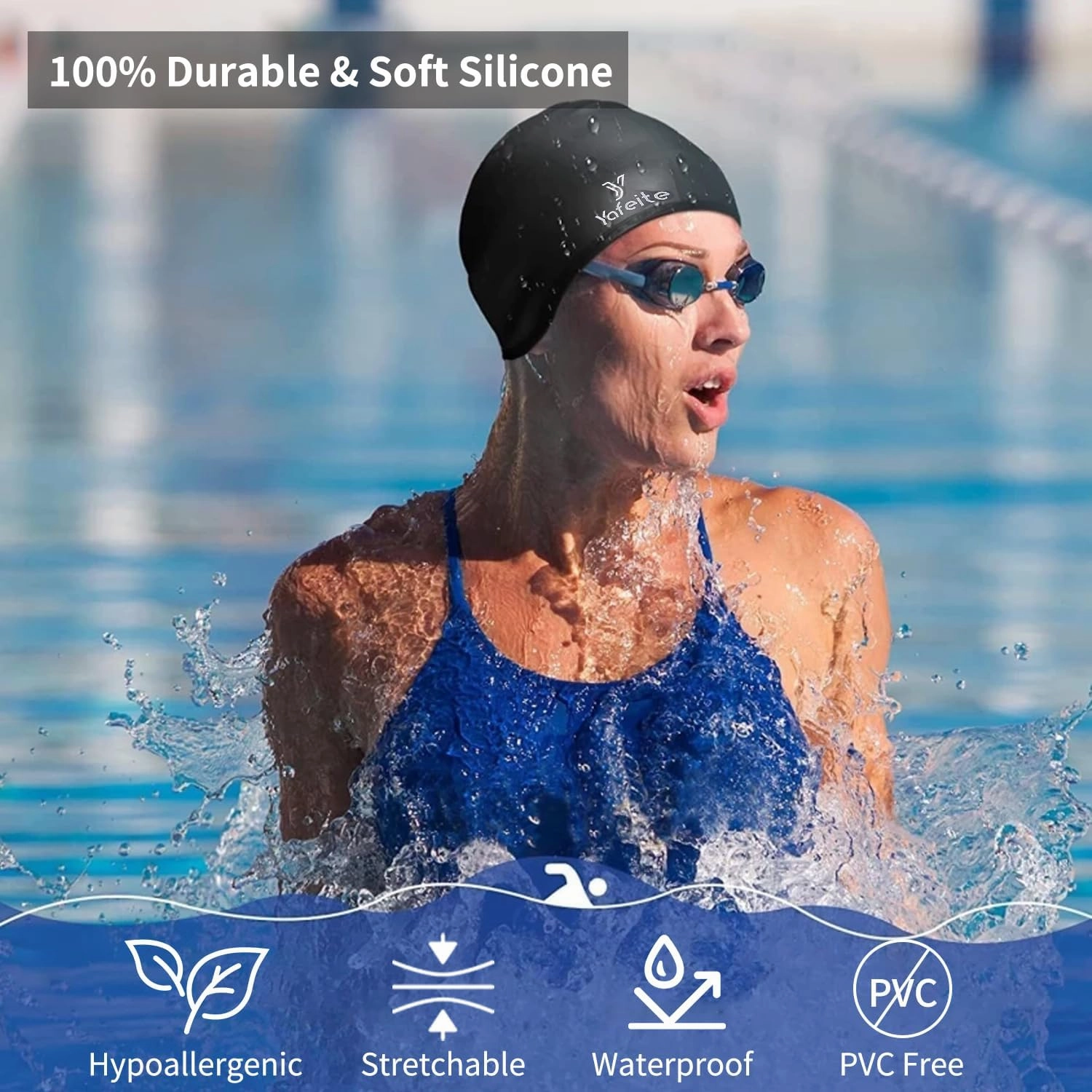 Swim Cap for Women Men - Large Silicone Swimming Cap for Long/Short Hair with 3D Ear Protection, Durable Non-Slip Waterproof Bath Swim Cap with Extra Room for Adults