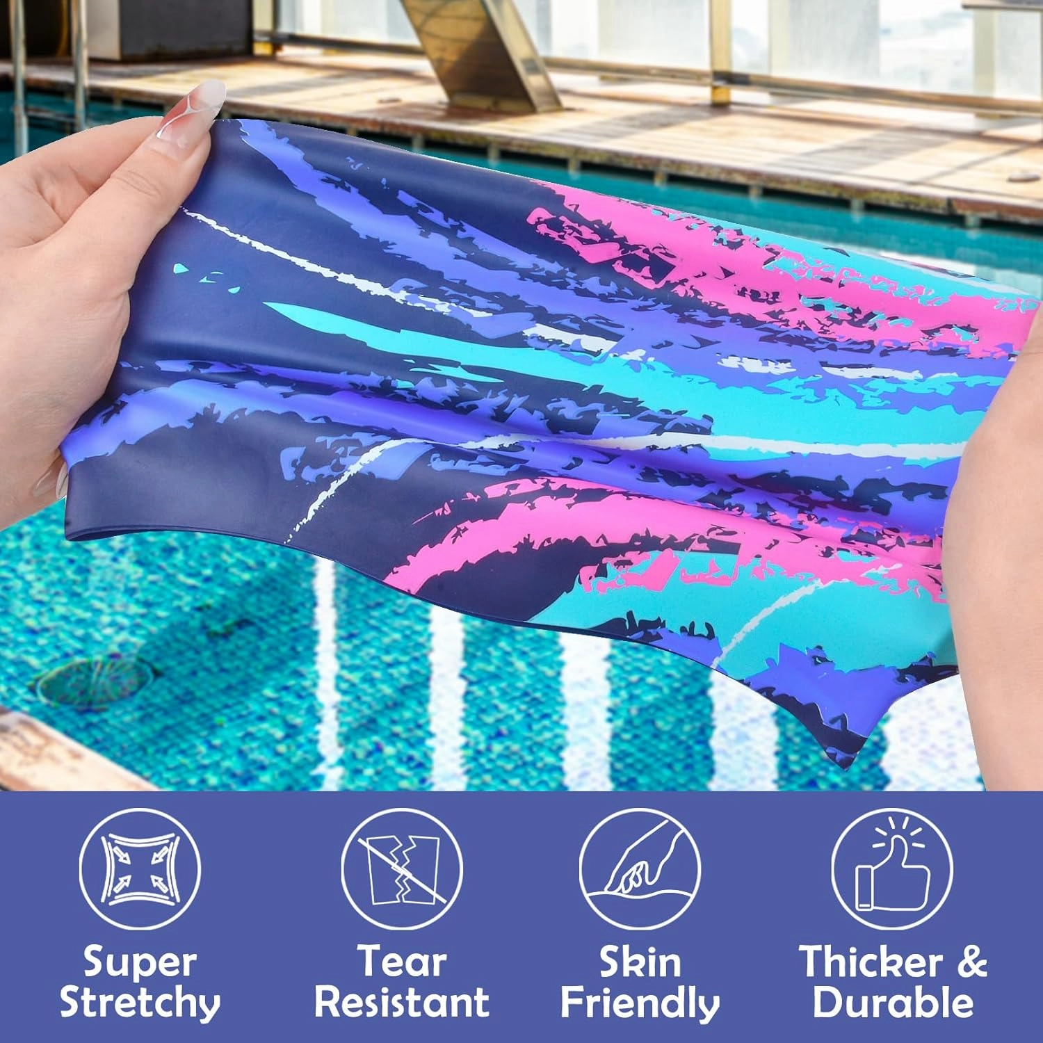Swim Cap for Women, Silicone Swimming Cap for Long Hair, Waterproof Swim Hats to Keep Hair Dry