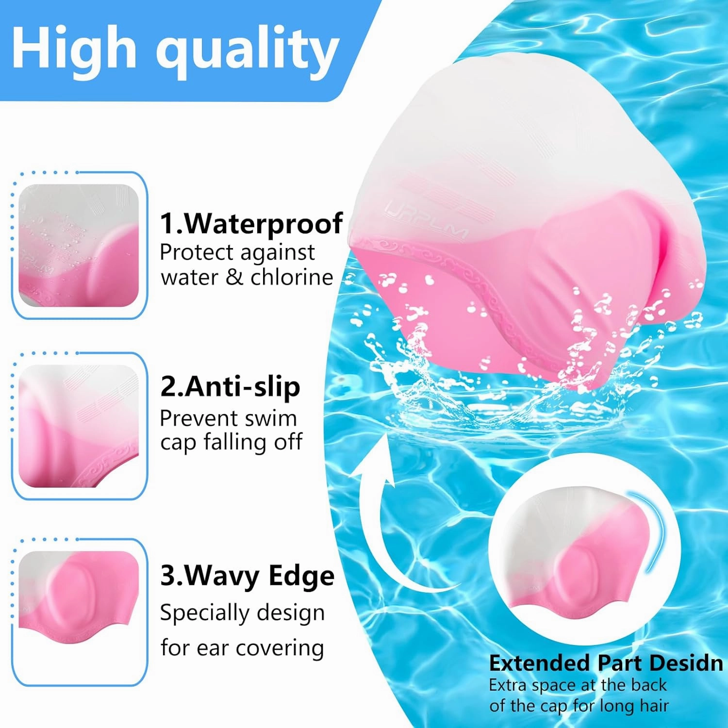 Swim Cap Long Hair,Silicone Swimming Caps with 3D Ear Cover,Waterproof Adult Swim Hats Bathing Caps for Women Men,Keep Your Hair Dry