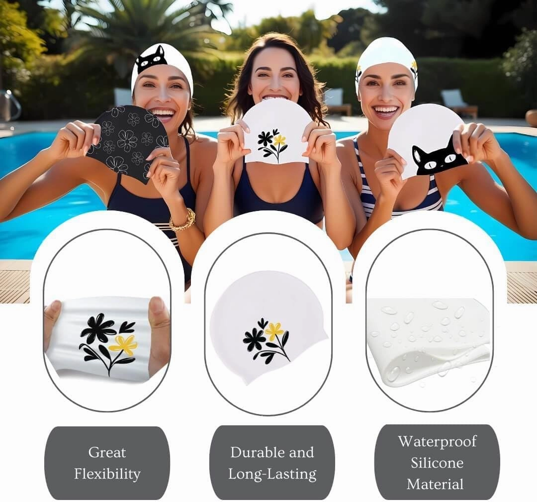 Swim Cap Women Adult - Swim Caps for Women & Teen Girls, Comfortable Swimming Caps for Standard Size and Long Hair, Fun Pattern Silicone Swim Cap