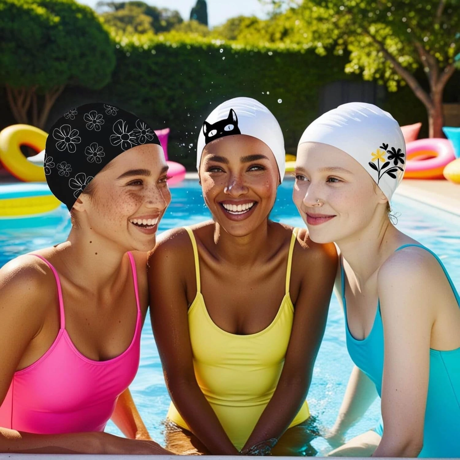 Swim Cap Women Adult - Swim Caps for Women & Teen Girls, Comfortable Swimming Caps for Standard Size and Long Hair, Fun Pattern Silicone Swim Cap